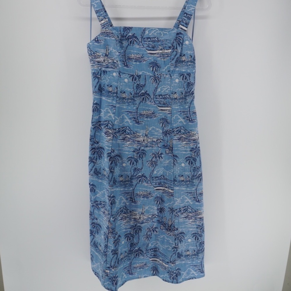 Reyn Spooner Limited Issue Blue Hawaiian Toile Smocked Tie Back Dress 6 Tropical